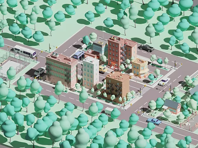 Colorful Cartoon City Scene With Various Buildings Green Trees And Vehicles On Streets 3d model