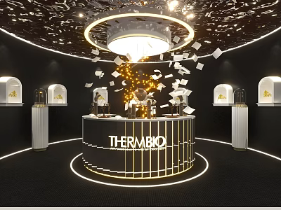 Thermabo Exhibition Booth With Illuminated Circular Gold Trimmed Reception Desk And Snowflake Ceiling 3d model
