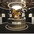Thermabo Exhibition Booth With Illuminated Circular Gold Trimmed Reception Desk And Snowflake Ceiling