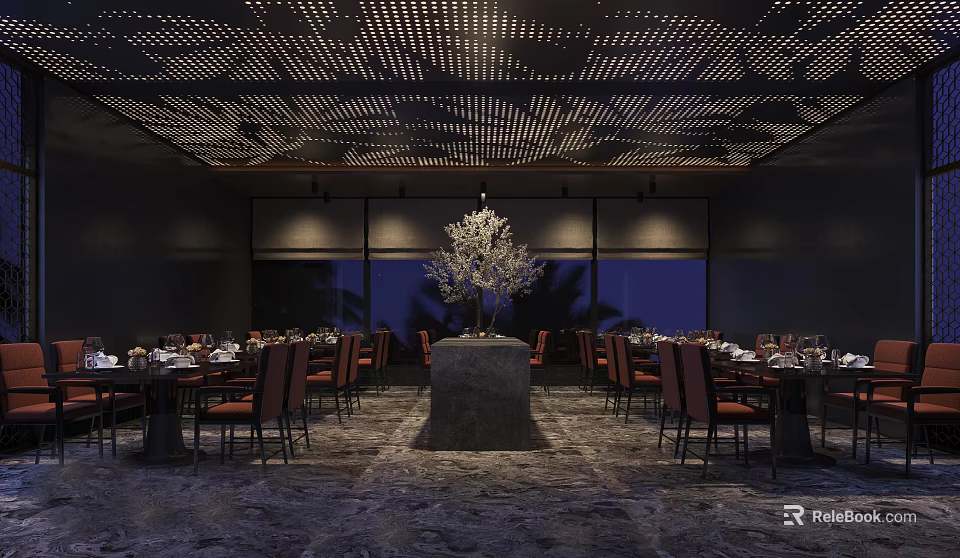 Modern Restaurant Interior With Perforated Ceiling Dining Tables Red Chairs And Decorative Tree 3d model 