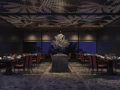 Modern Restaurant Interior With Perforated Ceiling Dining Tables Red Chairs And Decorative Tree 3d model