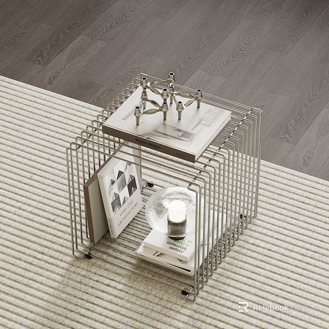 Modern Open Design Side Table With Metallic Frame And Decorative Books On Carpet 3d model 