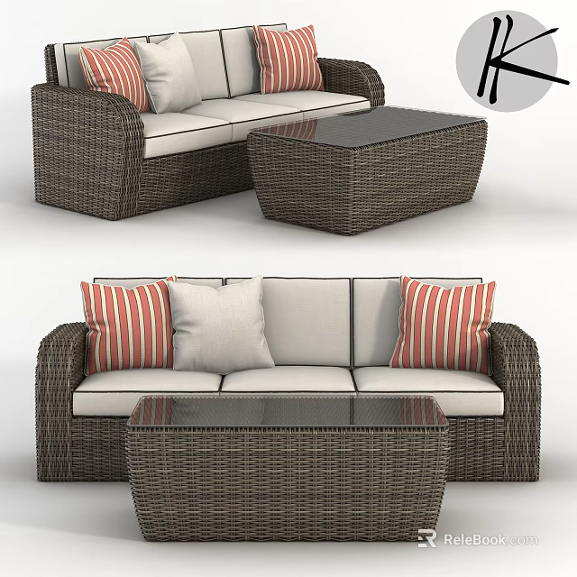 Wicker Sectional Sofa With Striped And Plain Cushions And Matching Coffee Table 3d model