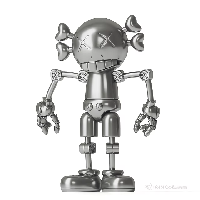 Silver Robot Decorative Ornament Set With Mechanical Joints And Crossed Eyes Design 3d model 