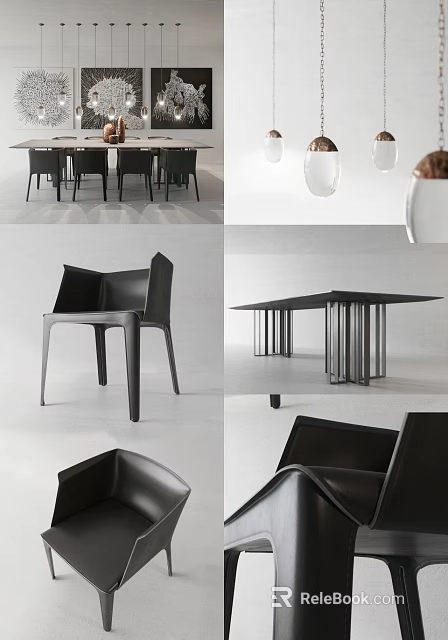 Modern Black Dining Table Set With Unique Chair Design And Sleek Structure 3d model 