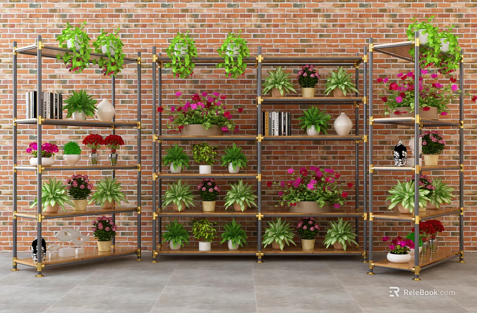Garden Decor with Metal Shelves and Various Potted Plants Against Red Brick Wall 3d model 