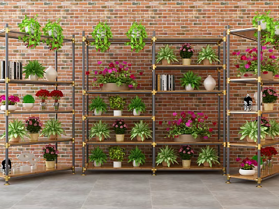 Garden Decor with Metal Shelves and Various Potted Plants Against Red Brick Wall 3d model