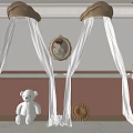 Elegant White Bed Canopy With Golden Crown Tops Round Mirror And White Teddy Bear