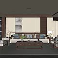 Living room sofa coffee table combination background wall table lamp ornaments 3d model