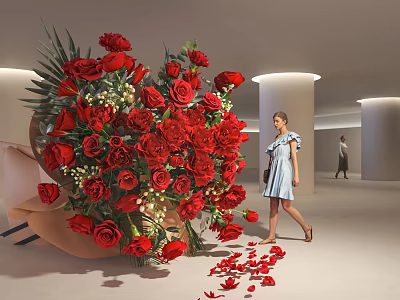 Large Red Rose Bouquet With Scattered Petals Woman In Light Blue Dress By White Columns 3d model