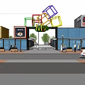 Colorful Container Commercial Street Featuring Outdoor Dining Tables Pedestrians Trees And Cars