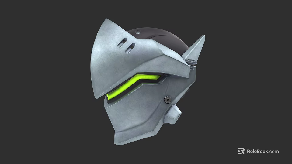 Game Movie Character Helmet Silver Metallic Design With Neon Green Glowing Visor 3d model 
