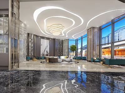 Modern Hotel Lobby Interior With Marble Floor Sofas Chandelier And Green Plants 3d model
