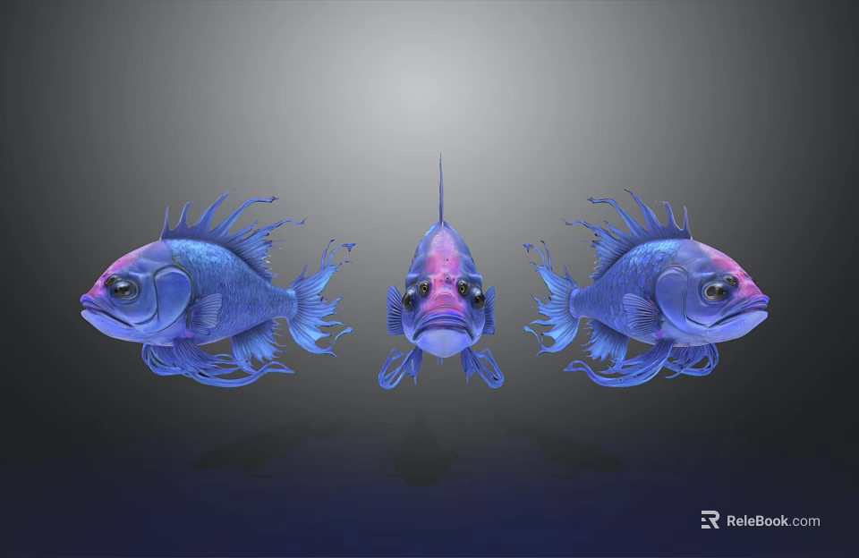 Three Blue And Purple Fish With Spiky Fins And Pink Eyes On Gray Background 3d model 