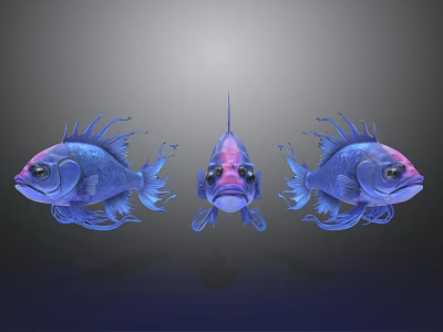 Three Blue And Purple Fish With Spiky Fins And Pink Eyes On Gray Background 3d model