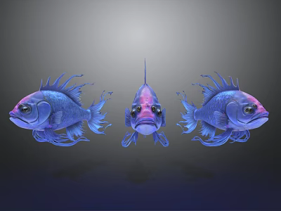Three Blue And Purple Fish With Spiky Fins And Pink Eyes On Gray Background 3d model Three Blue And Purple Fish With Spiky Fins And Pink Eyes On Gray Background 3d model