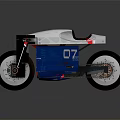Blue and White Motorcycle with 07 Number and Brown Seat in Modern Design