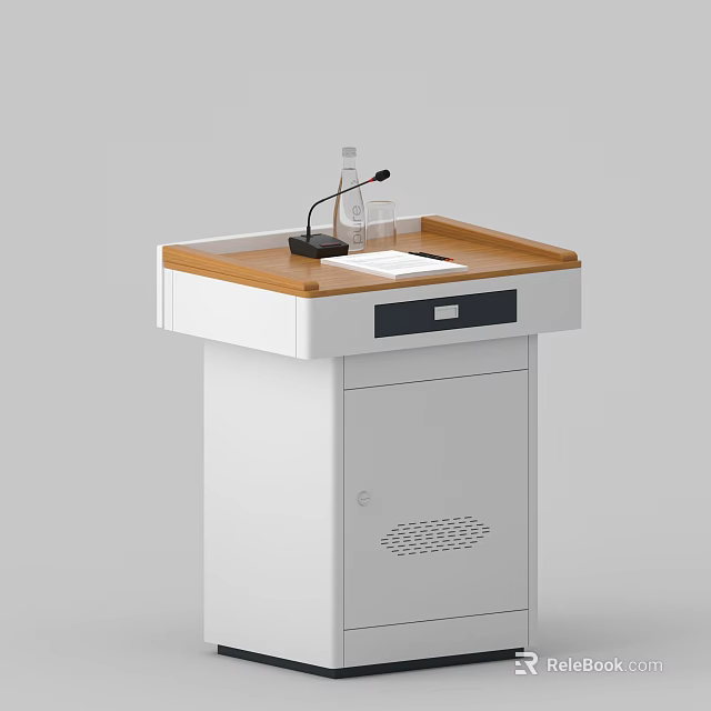 Modern Wooden Top Podium With White Base Microphone Drawer And Glass 3d model 