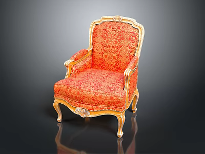 European Style Single Chair With Gold Carved Frame And Red Floral Upholstery 3d model