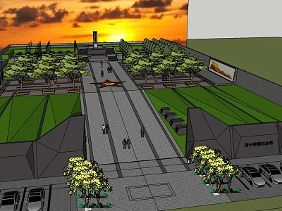 Urban Square Design With Sunset View Wide Pathway Trees Benches And Parking Area 3d model