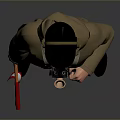 Man Wearing Brown Coat and Hat Holding Binoculars and Red White Flag on Gray Background