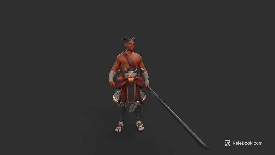 Horned Fantasy Warrior Game Character With Spear And Traditional Attire Design 3d model 