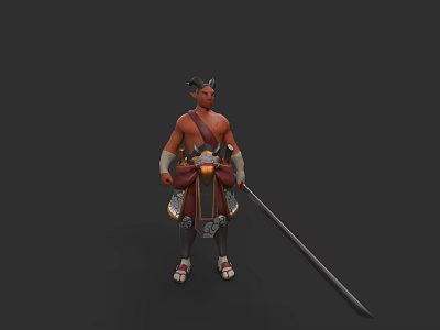 Horned Fantasy Warrior Game Character With Spear And Traditional Attire Design 3d model