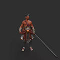 Horned Fantasy Warrior Game Character With Spear And Traditional Attire Design