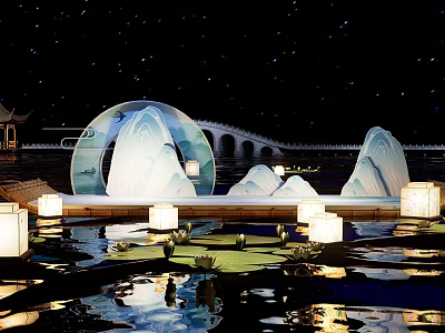Stunning Stage Design With Starry Sky Background Arch Bridge Lotus Leaves Lanterns And Water Surface 3d model