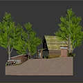 Cartoon Model Scene With Brown House Chimney Green Trees Small Shed and Vintage Car
