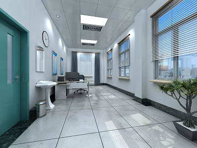 Modern Office Interior Design With Green Plant White Walls And Light Tile Floor 3d model