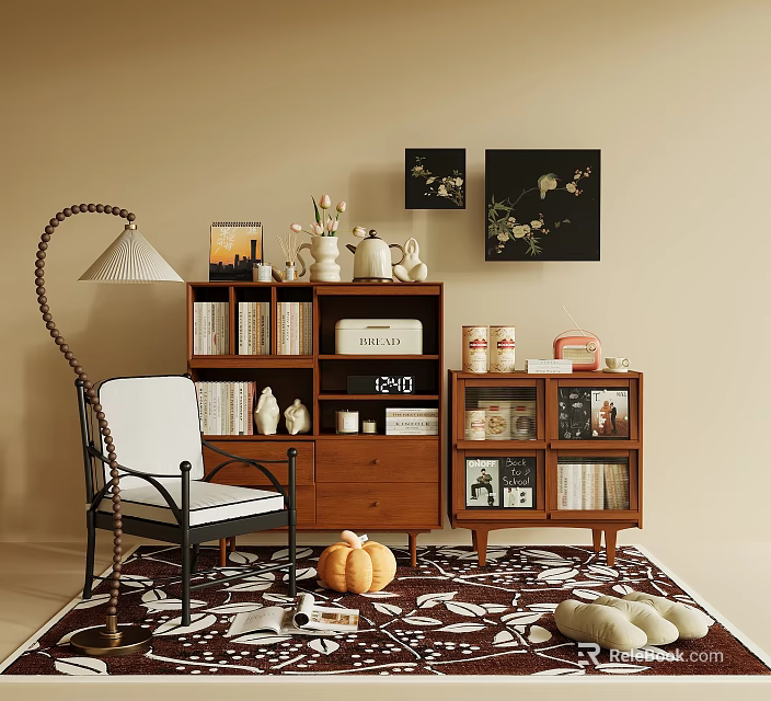 Warm Entryway Console And Side Cabinet Interior With Wooden Structure Vases Books And Frames 3d model 