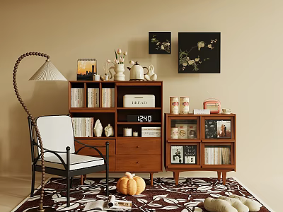 Warm Entryway Console And Side Cabinet Interior With Wooden Structure Vases Books And Frames 3d model