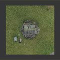 Miniature Scene with Gray Wooden Cabin Stone Base Ladder Green Grass and Small Tree