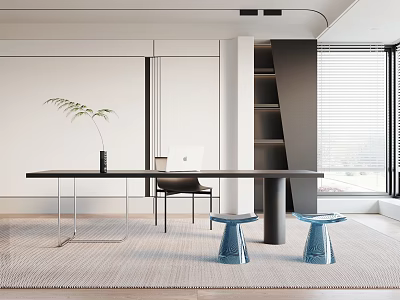 Modern Office Desk Setup With Black Chair Green Plant Shelves And Natural Light 3d model