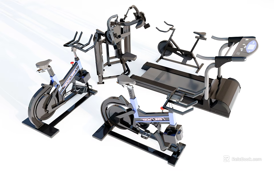 Modern Black And Silver Fitness Equipment Including Exercise Bikes Treadmill And Machines 3d model 