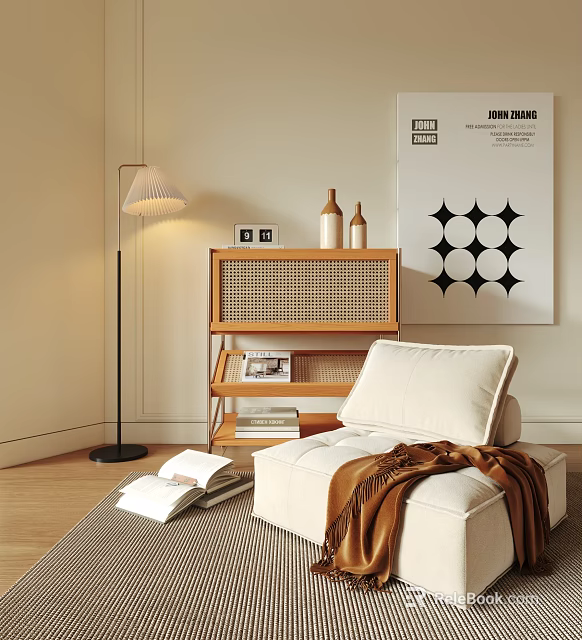 Modern Minimalist Single Sofa With Beige Upholstery Rattan Cabinet And Floor Lamp 3d model 