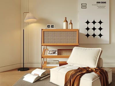 Modern Minimalist Single Sofa With Beige Upholstery Rattan Cabinet And Floor Lamp 3d model