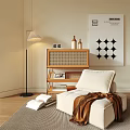 Modern Minimalist Single Sofa With Beige Upholstery Rattan Cabinet And Floor Lamp