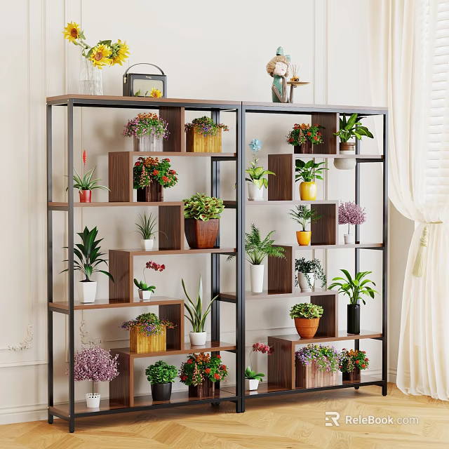 Indoor Decorative Bonsai and Various Potted Plants on Multi tiered Metal Shelves 3d model 