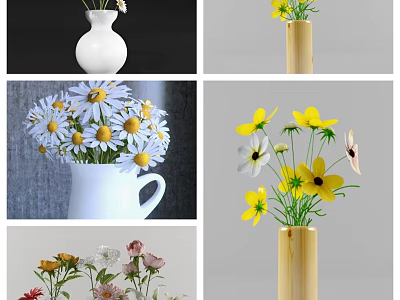 White Ceramic And Wooden Vases With Fresh Daisies Yellow Flowers And Mixed Colorful Blooms 3d model