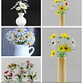 White Ceramic And Wooden Vases With Fresh Daisies Yellow Flowers And Mixed Colorful Blooms