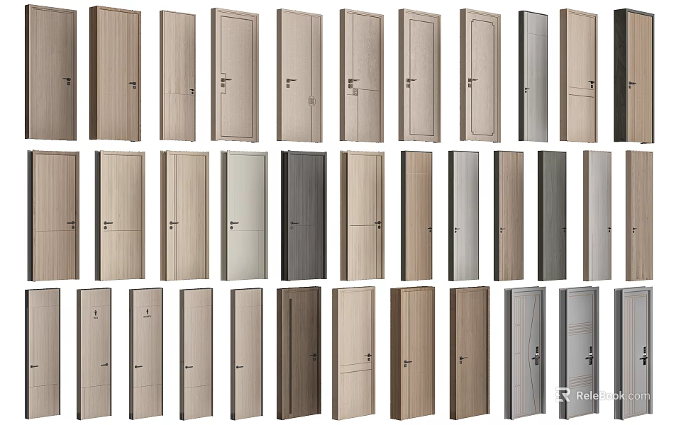 Various Modern Hinged Doors With Different Wooden Finishes And Color Options 3d model 