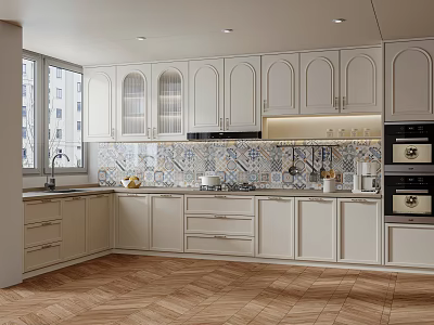 Modern Kitchen Interior Featuring White Cabinets Tiled Backsplash And Built In Ovens 3d model