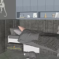 Cozy Gray Children's Bed With Upholstered Headboard Storage Drawers And Stuffed Toys
