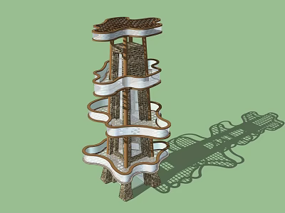 Modern Unique Tower with Multi Level Wavy White Platforms and Brown Support Structure Design 3d model