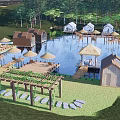 Scenic Park Landscape With Pond Wooden Platforms Cottages Palm Trees And Umbrellas