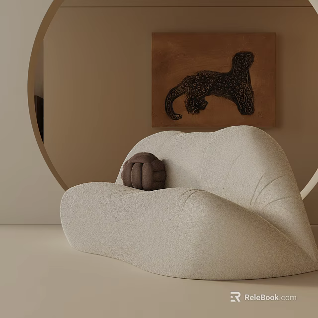 Modern Leisure Chair With White Textured Design And Brown Cushion Near Leopard Artwork 3d model 