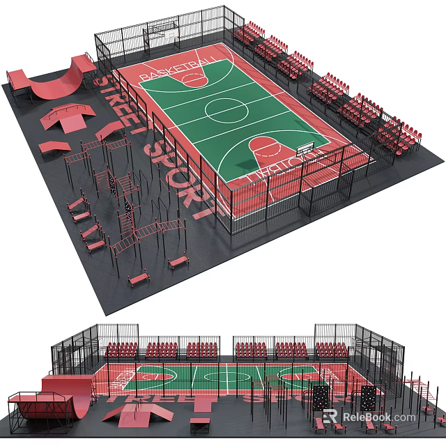 Modern Basketball Court Design With Green Playing Surface And Red Bleacher Seats 3d model 