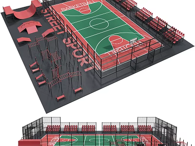 Modern Basketball Court Design With Green Playing Surface And Red Bleacher Seats 3d model